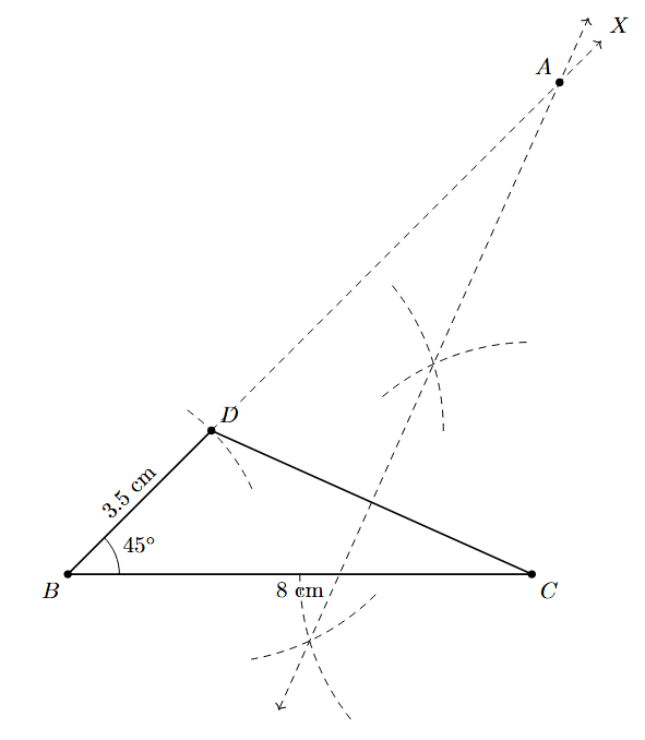 Step 5 Step 5: The perpendicular bisector of DC is drawn, intersecting ray BX at point A.